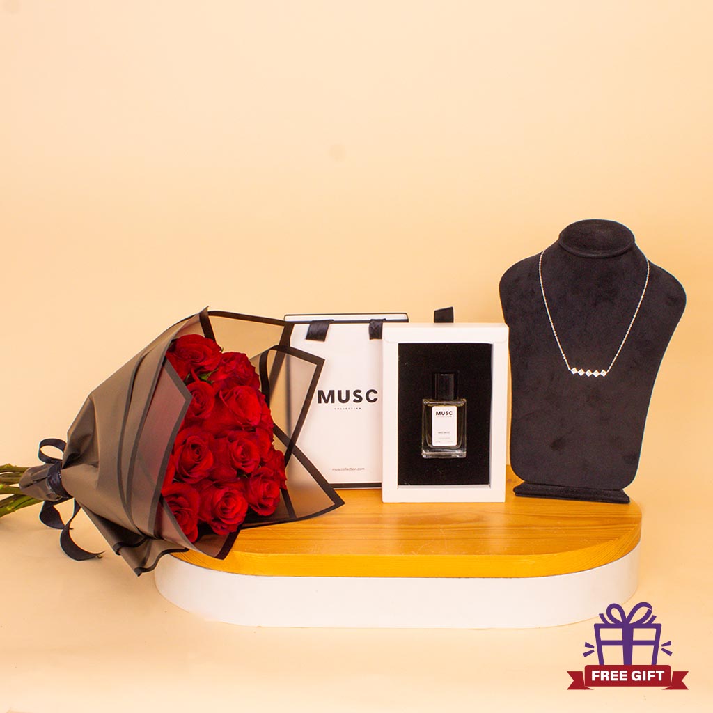 Flowrista Online Flowers Shop Signature Musc & Zircon Bundle - Perfume 30ml & Necklace & Red Roses Bouquet