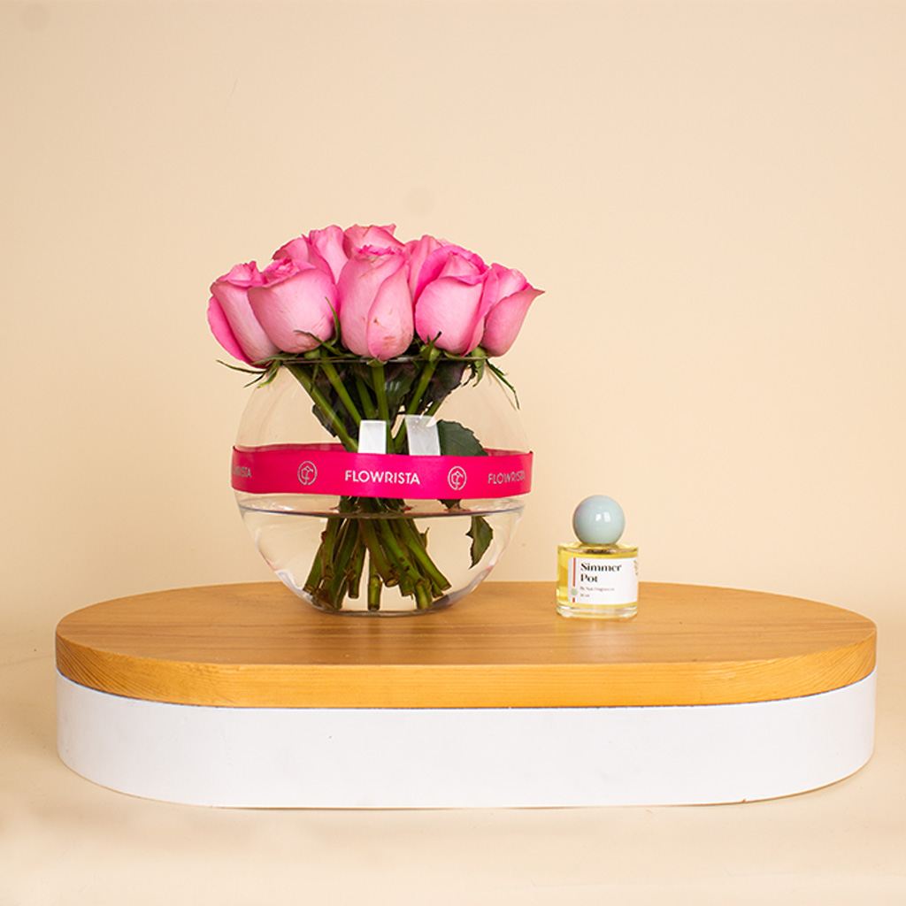 Flowrista Online Flowers Shop Nuit Fragrances simmer pot and vase 15 pink rose