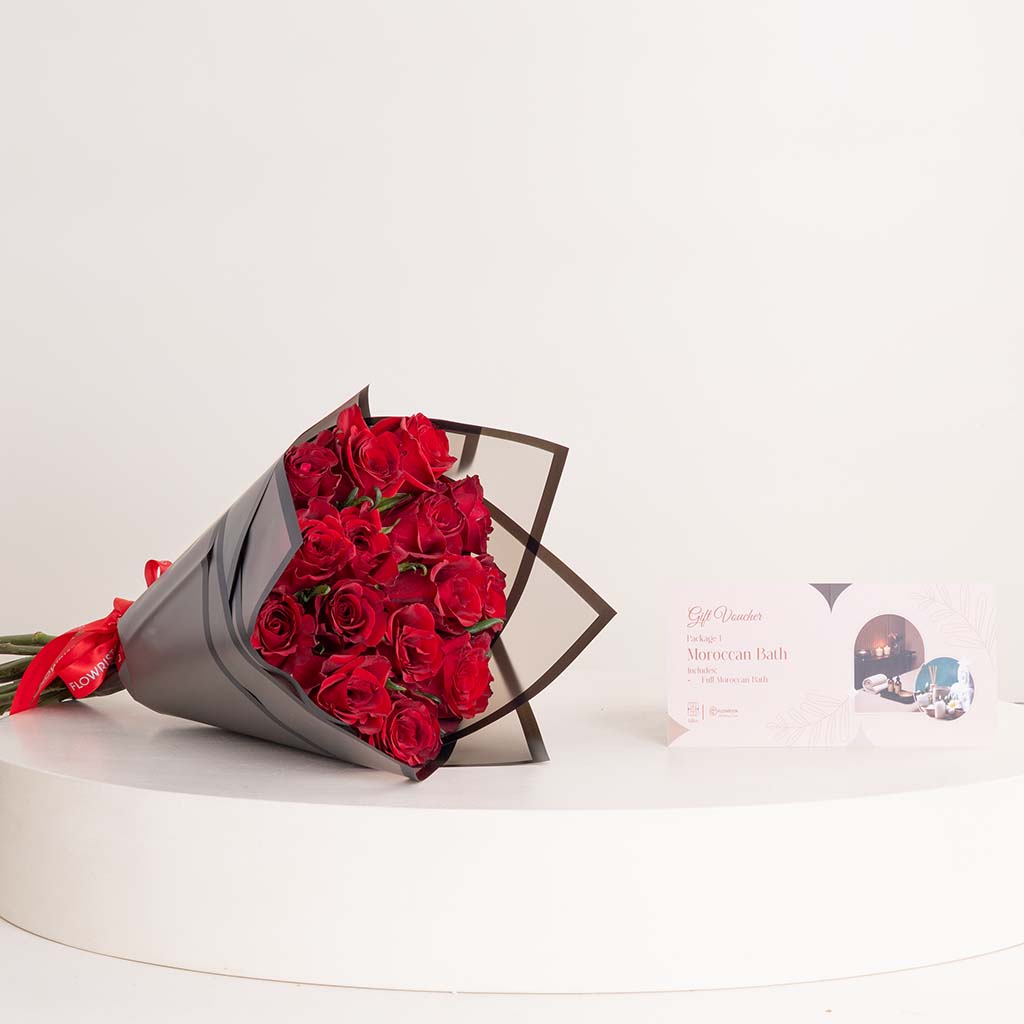 product-image-Bliss Spa Hot Stone Massage, Japanese Head Spa & Moroccan Bath & 15 Red Roses Bouquet