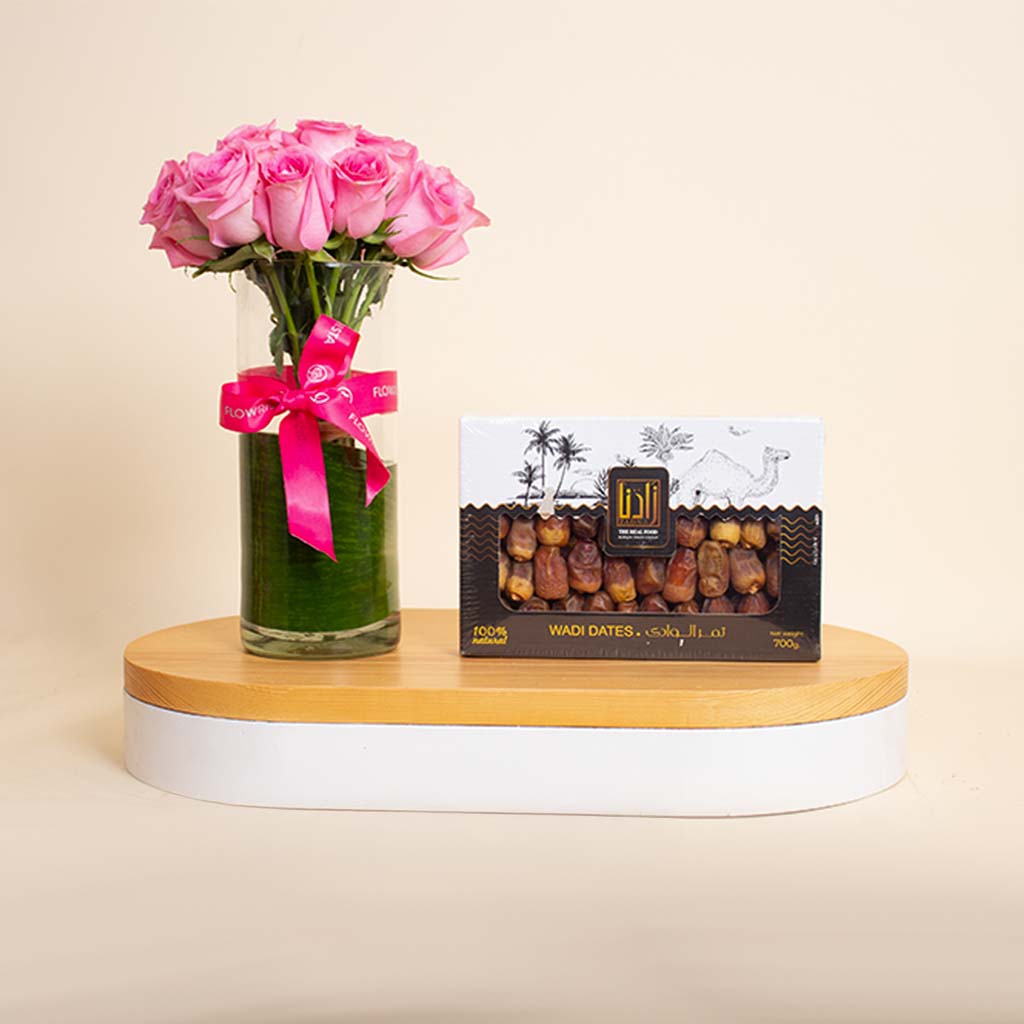 Flowrista Online Flowers Shop Zadna dates and 15 pink roses vase