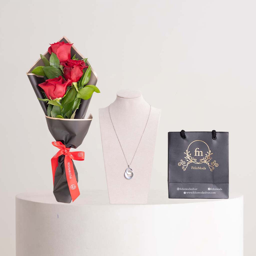 Flowrista Online Flowers Shop قلادة فيليزمودا ثنائية الدائرة وباقة ورود حمراء