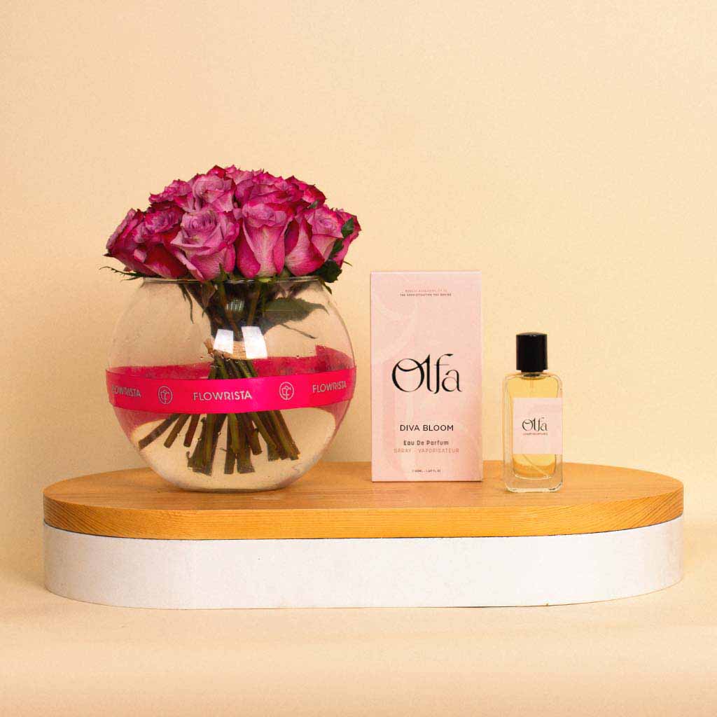 Flowrista Online Flowers Shop Olfa Diva Bloom | Perfume & Bowl Vase with 20 Purple Flowers