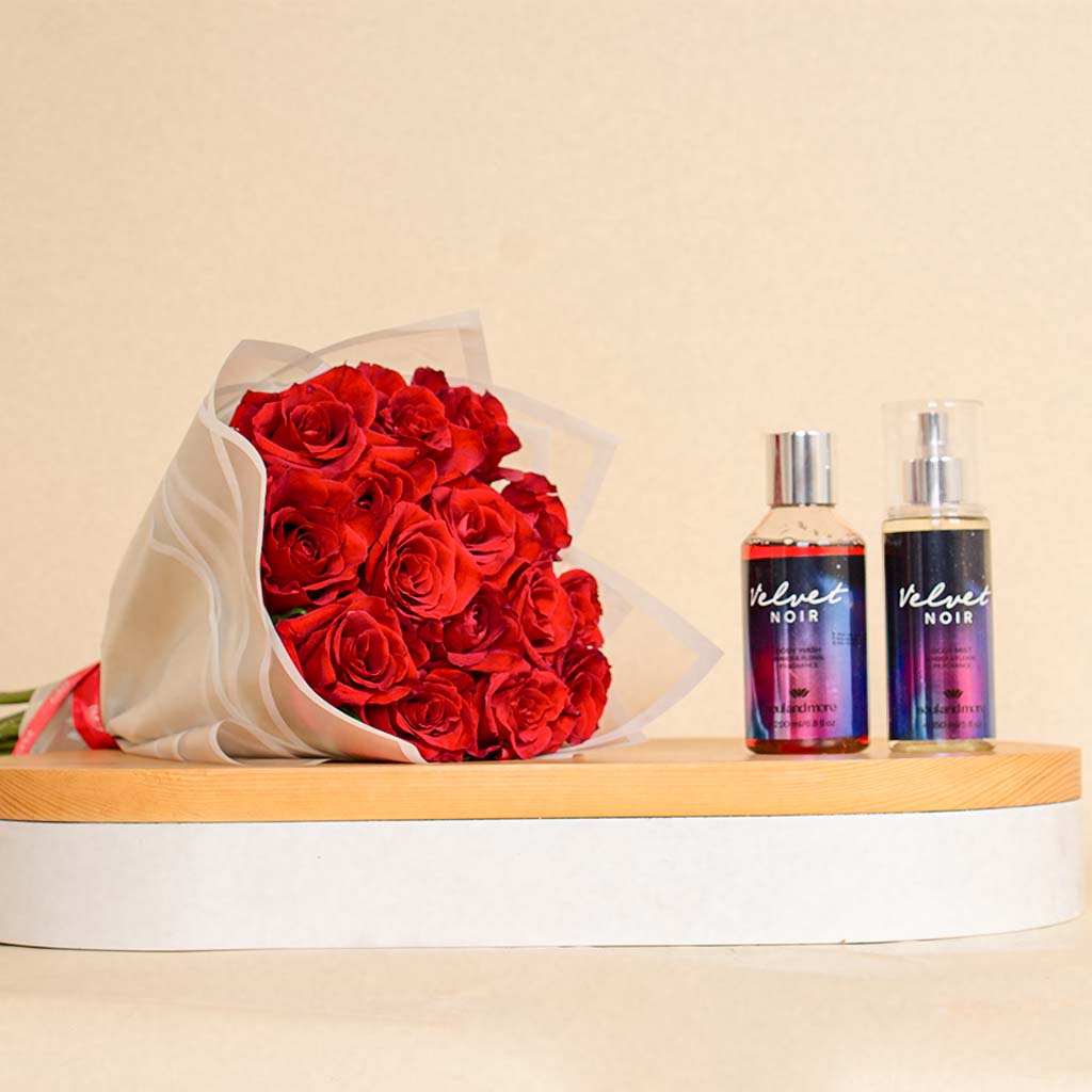 Flowrista Online Flowers Shop Soul & More Velvet Noir Set & 15 Red Love Hand Bouquet