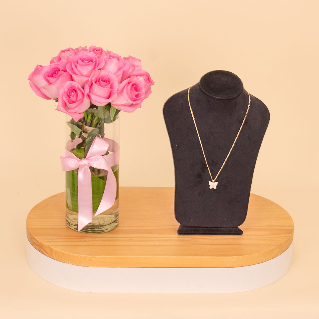 product-image-Markiz Butterfly Necklace & 15 Pink Roses Vase