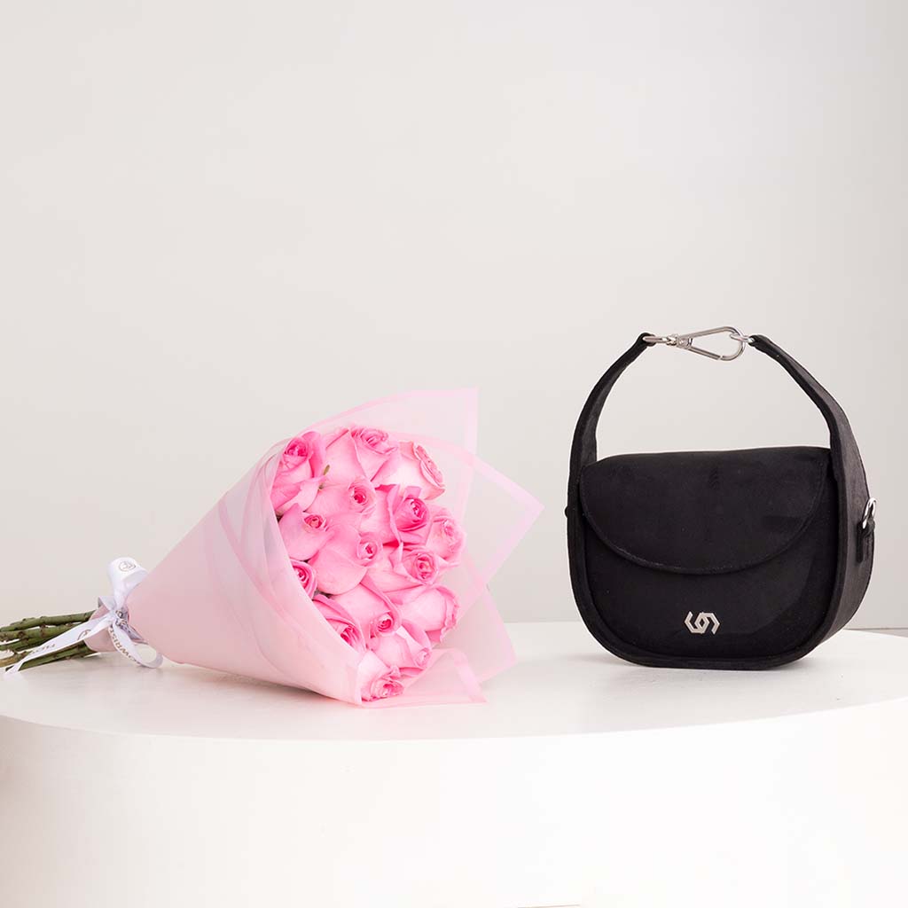 product-image-CoCan Half Moon Bag & Pink Roses Bouquet
