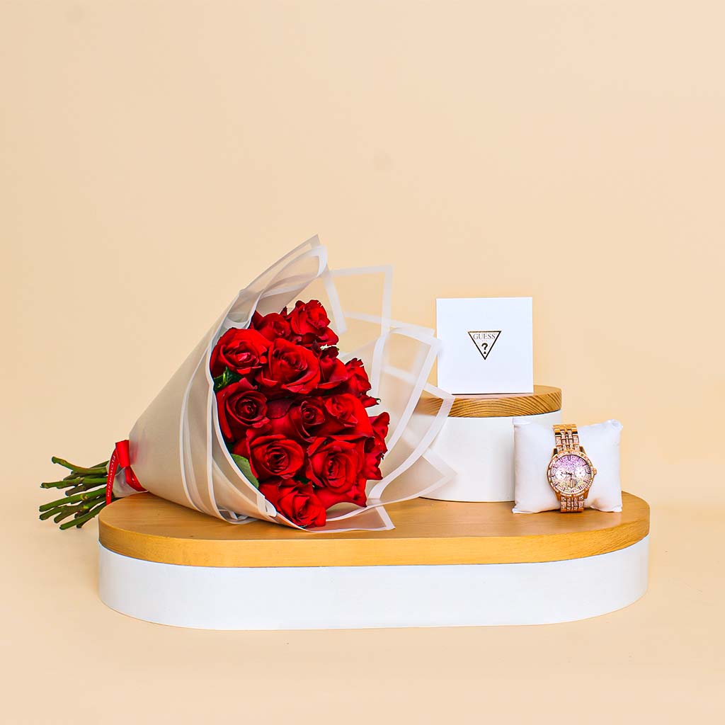 product-image-Guess Gold And Rhinestone Multifunction Watch | 15 Red Rose