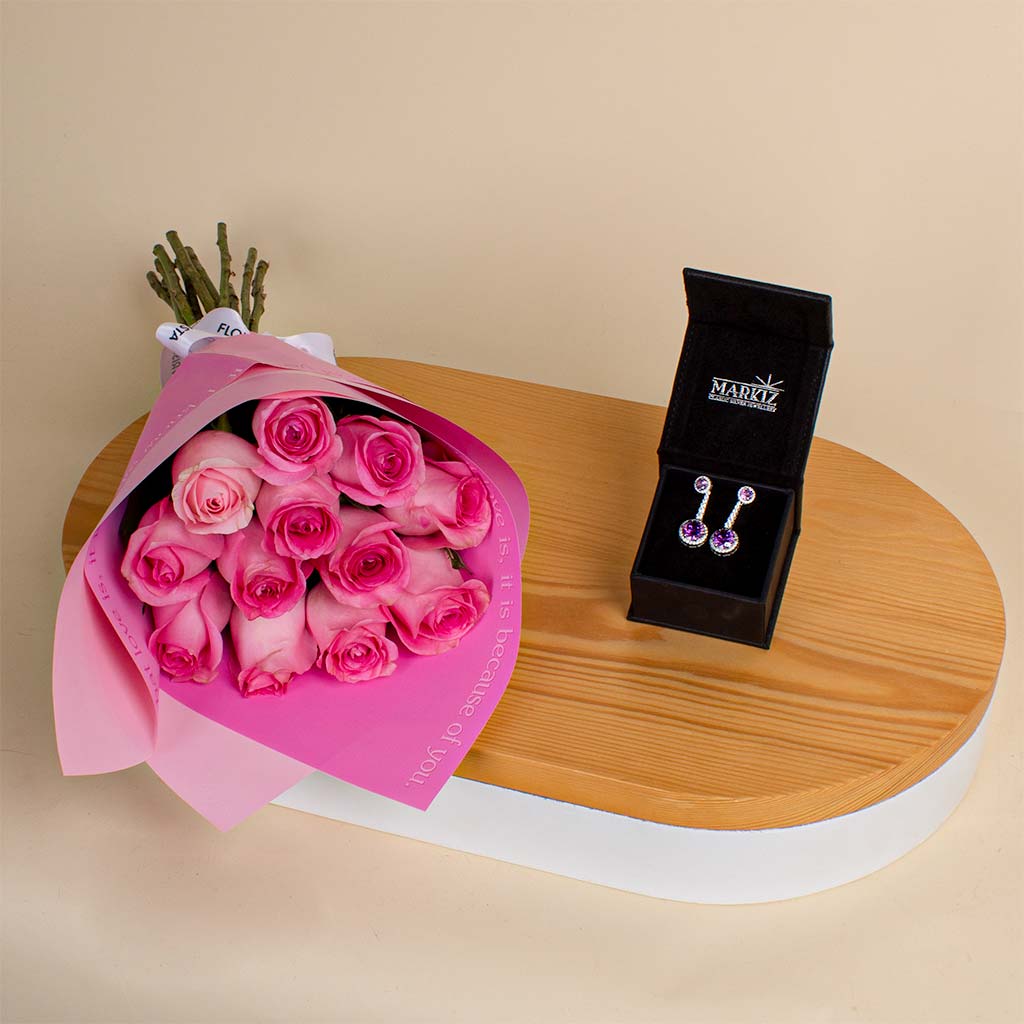 product-image-أقراط ماركيز من الزركون مع باقة ورد وردية