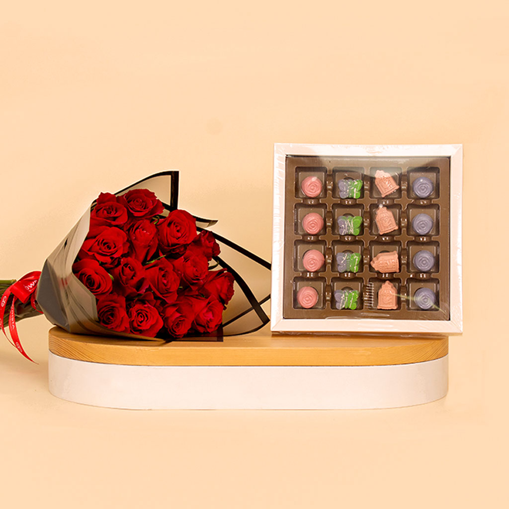 Flowrista Online Flowers Shop علبة فلير – 16 قطعة من شوكولاتة البونبون البلجيكية مع بوكيه من 20 وردة حمراء