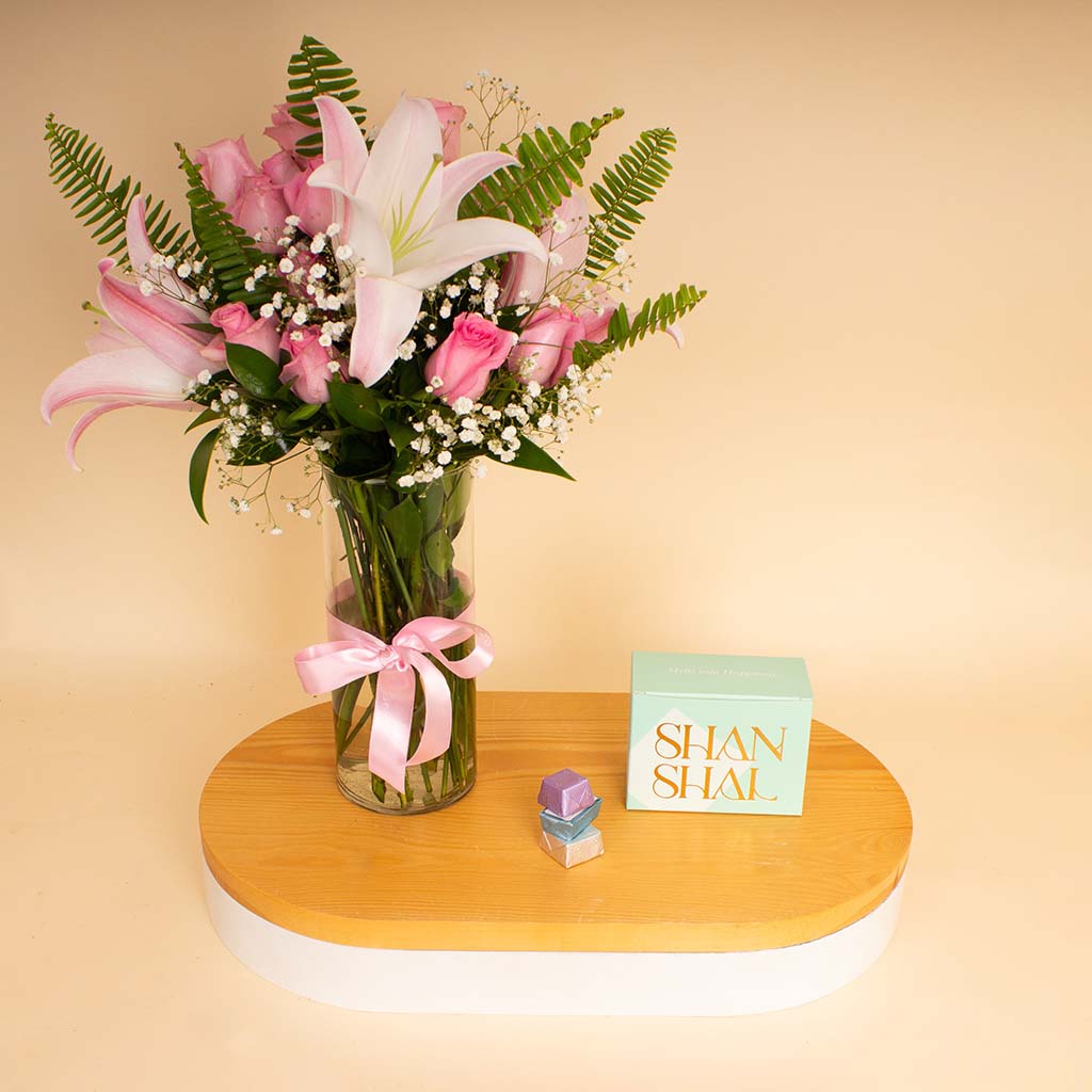 product-image-Shanshal Chocolate 0.25 kg & Pink Lily Roses Vase