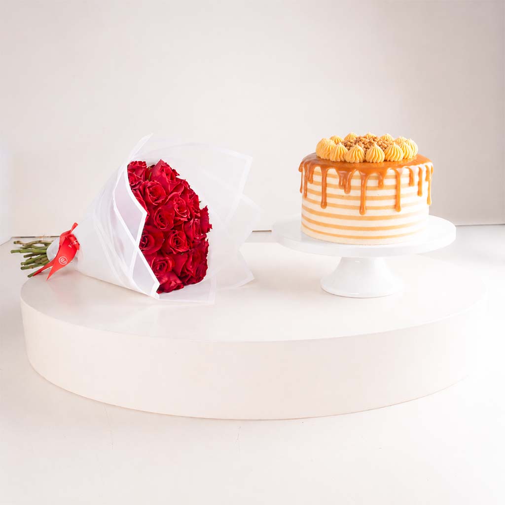 Flowrista Online Flowers Shop كيكة فوالا بالكراميل وباقة ورود
