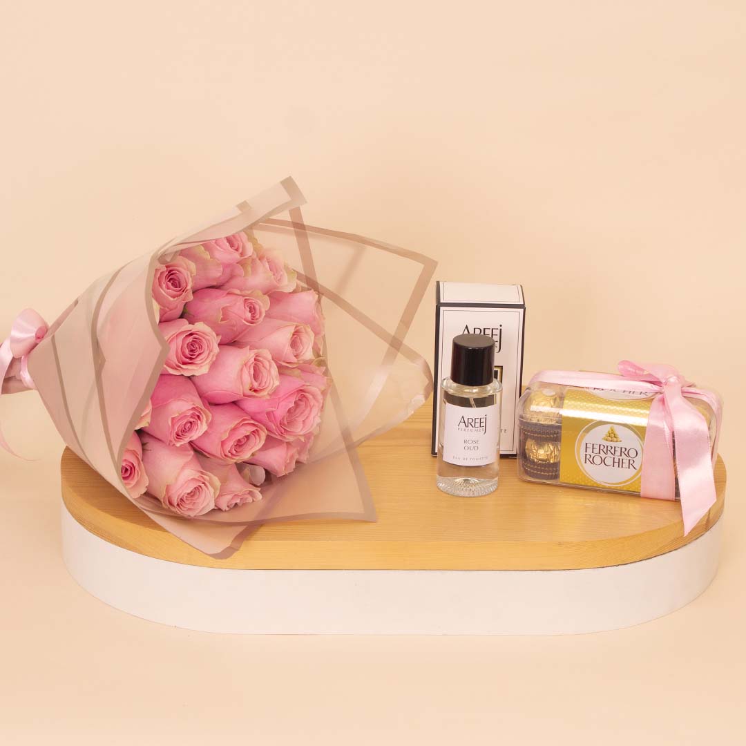 product-image-Areej Gift of Fragrance, Ferrero Rocher Chocolates & Pink Roses