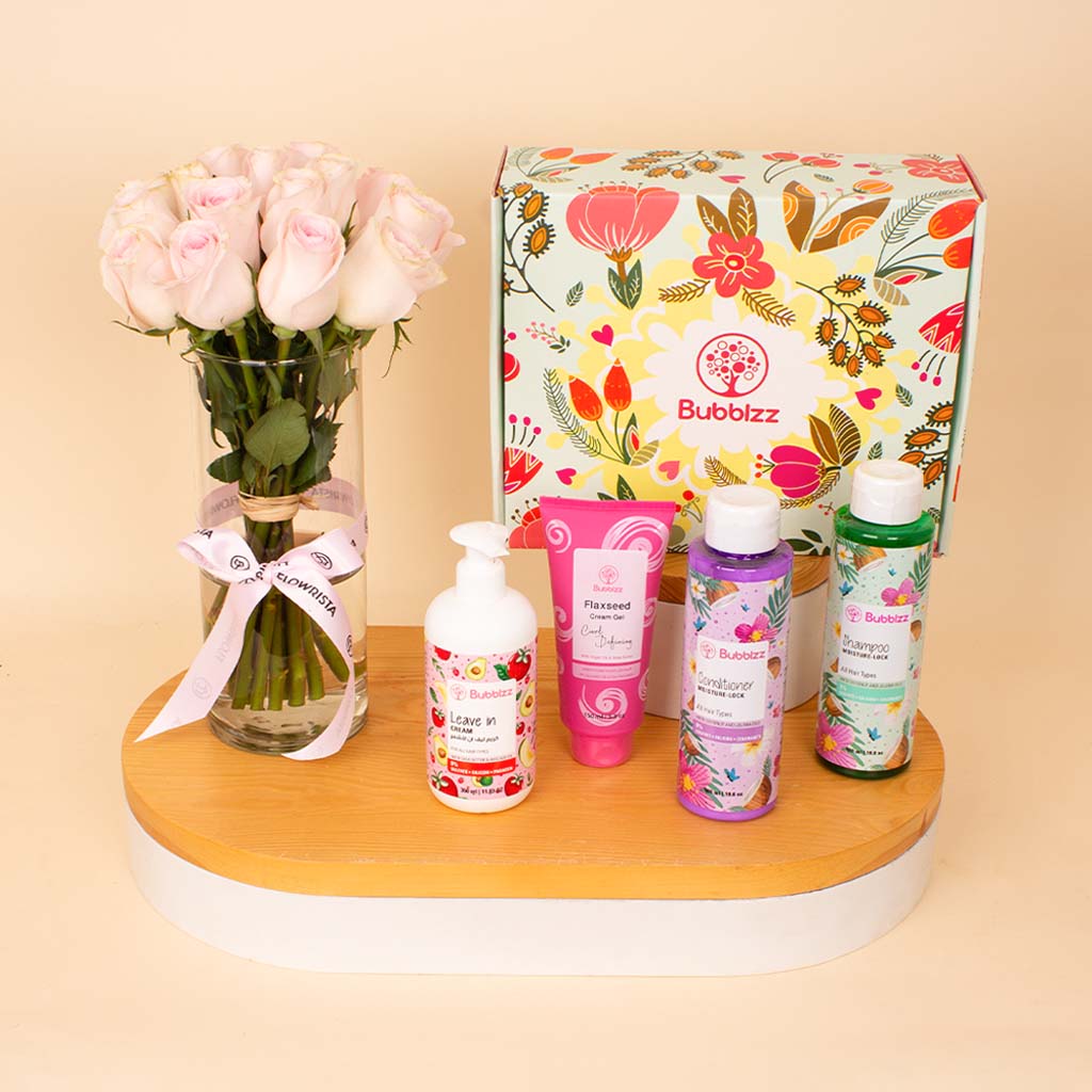 product-image-Bubblzz Flower Bouquet Gift set Hair Care & Pink Roses Vase