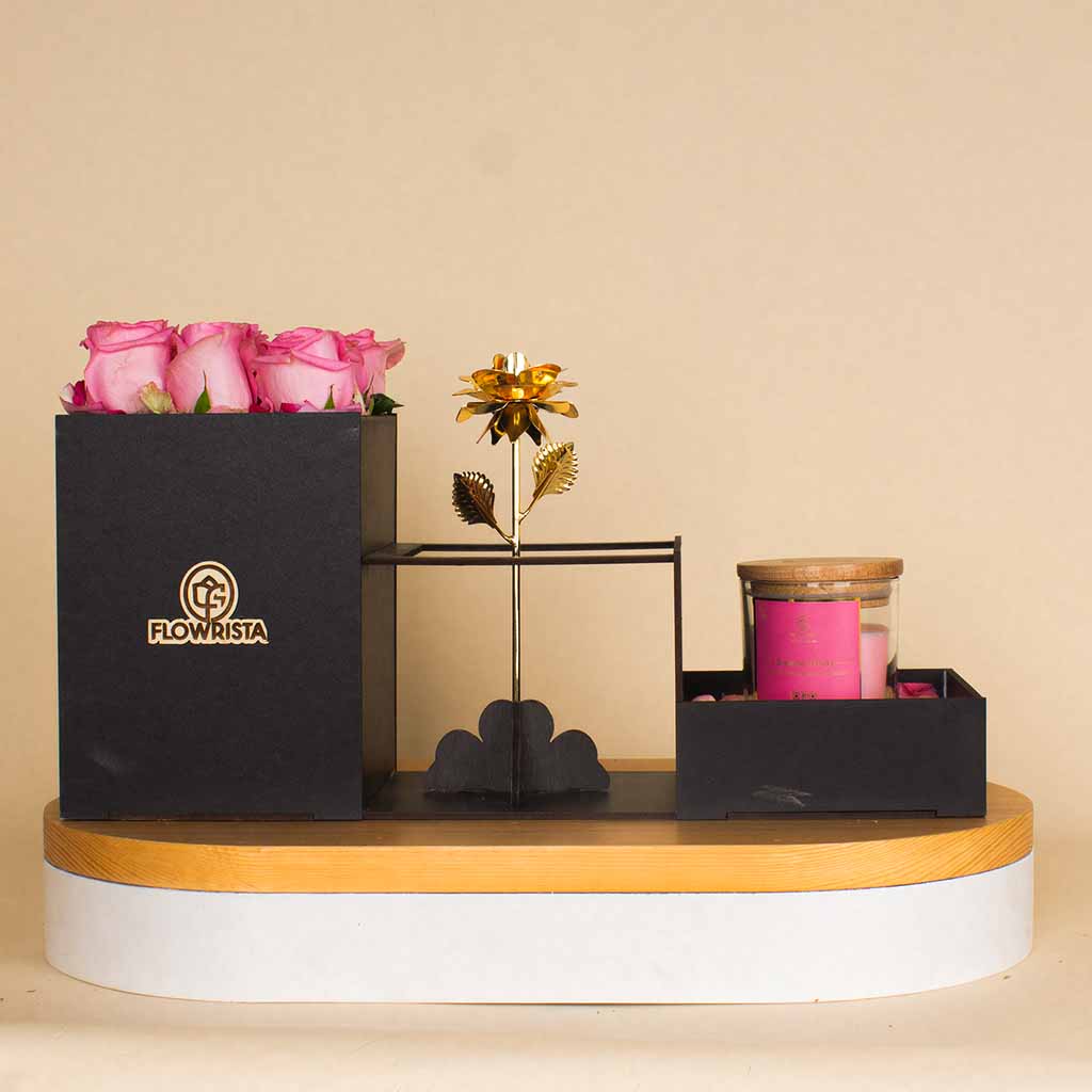 Flowrista Online Flowers Shop Box Pink Roses And Candle And Golden Rose
