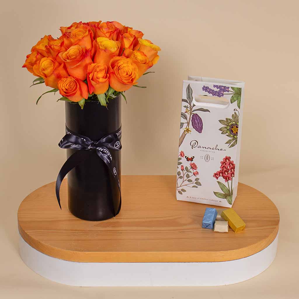 product-image-Panache Chocolate Box with Black Vase of 20 Orange Flowers