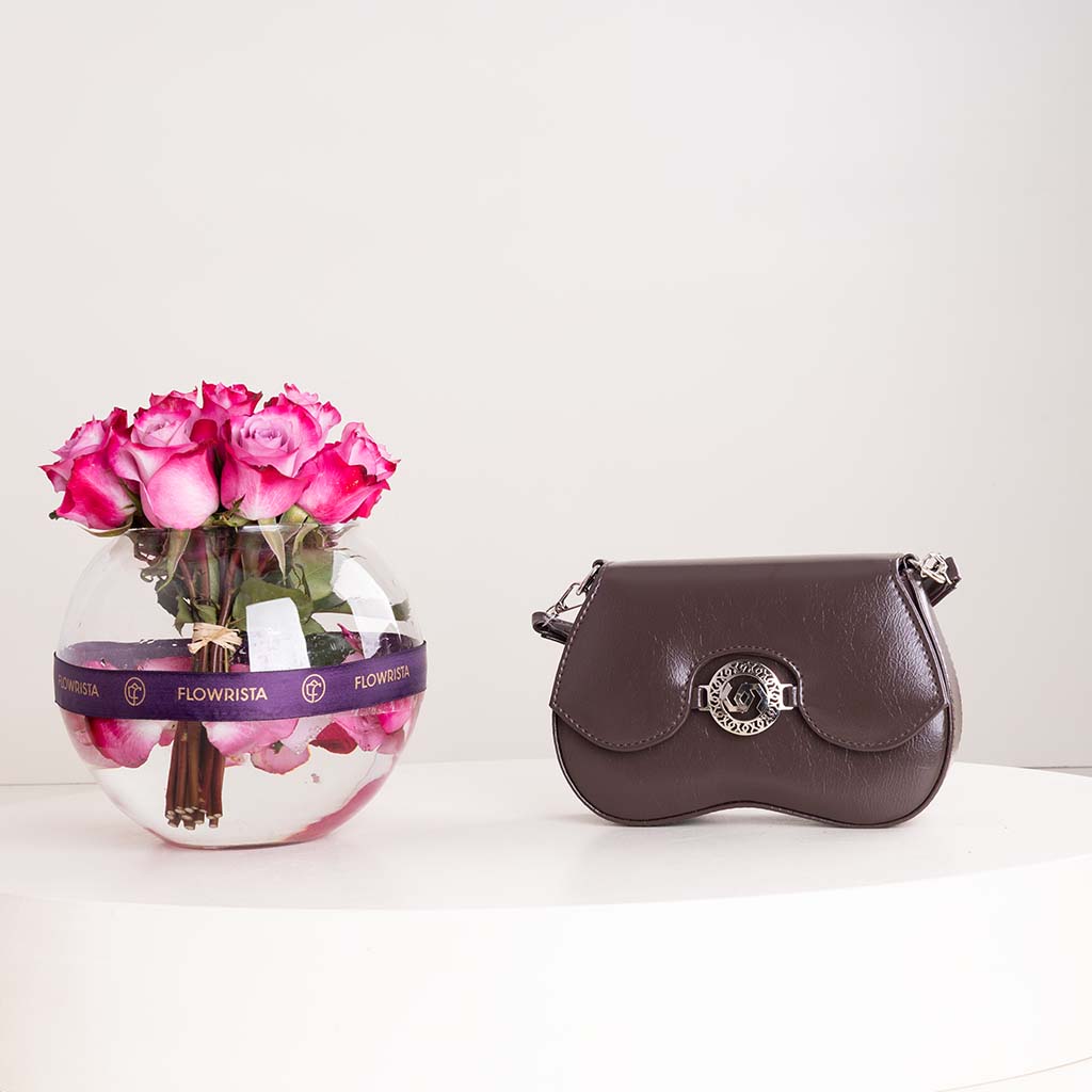 product-image-CoCan Mini Golden Purse Bag & Purple Roses Vase