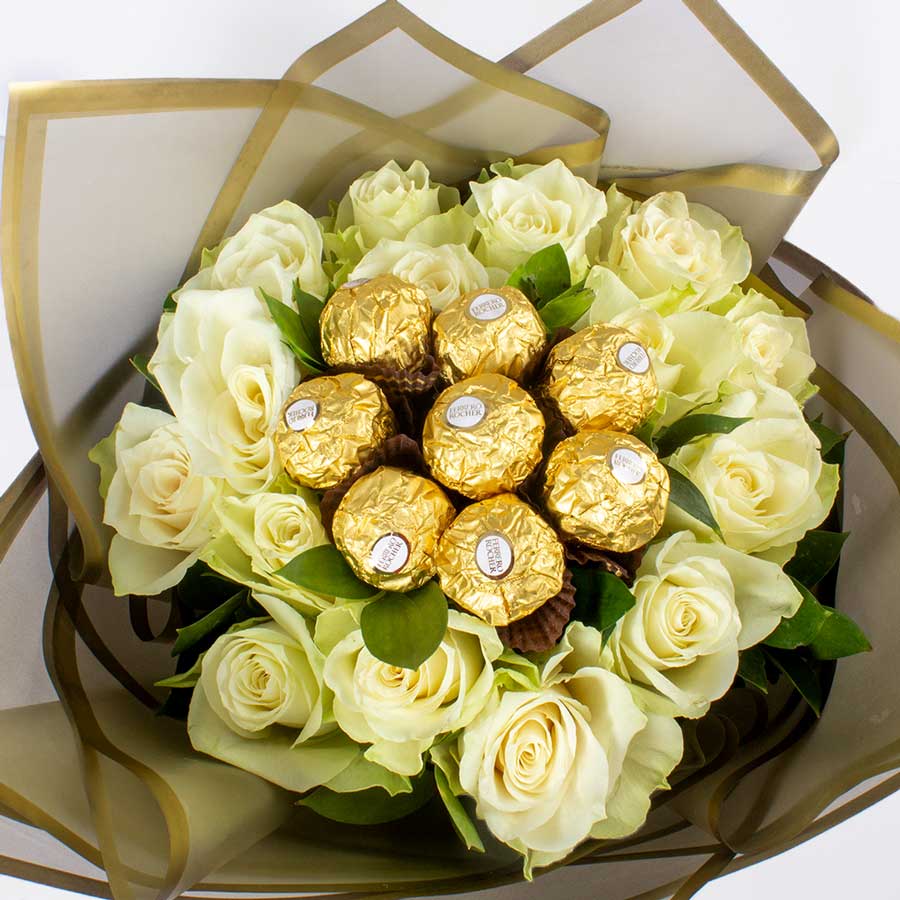product-image-Bouquet of White Roses & Ferrero Rocher Chocolates