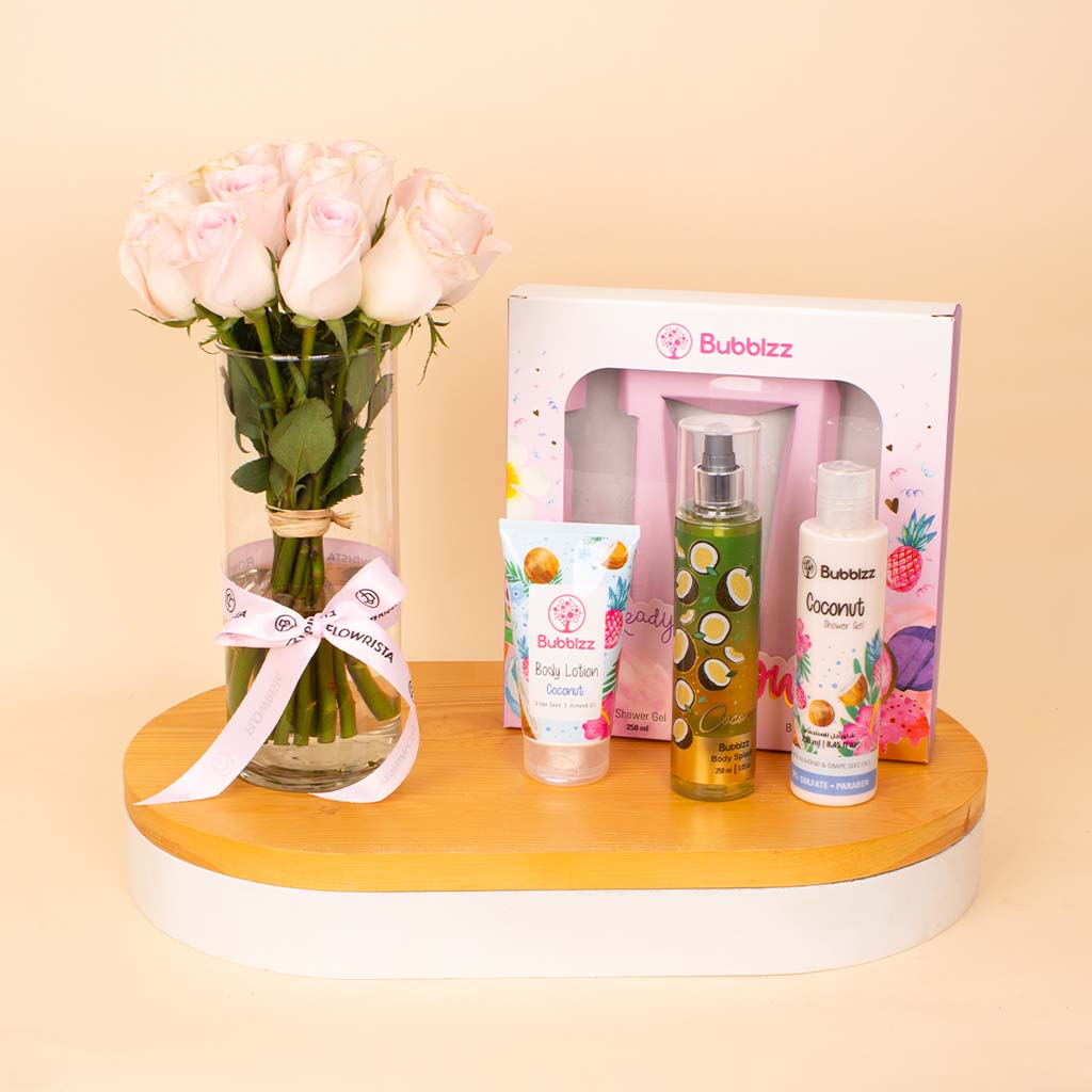 product-image-Bubblzz Glow Gift Set Coconut & Pink Roses Vase