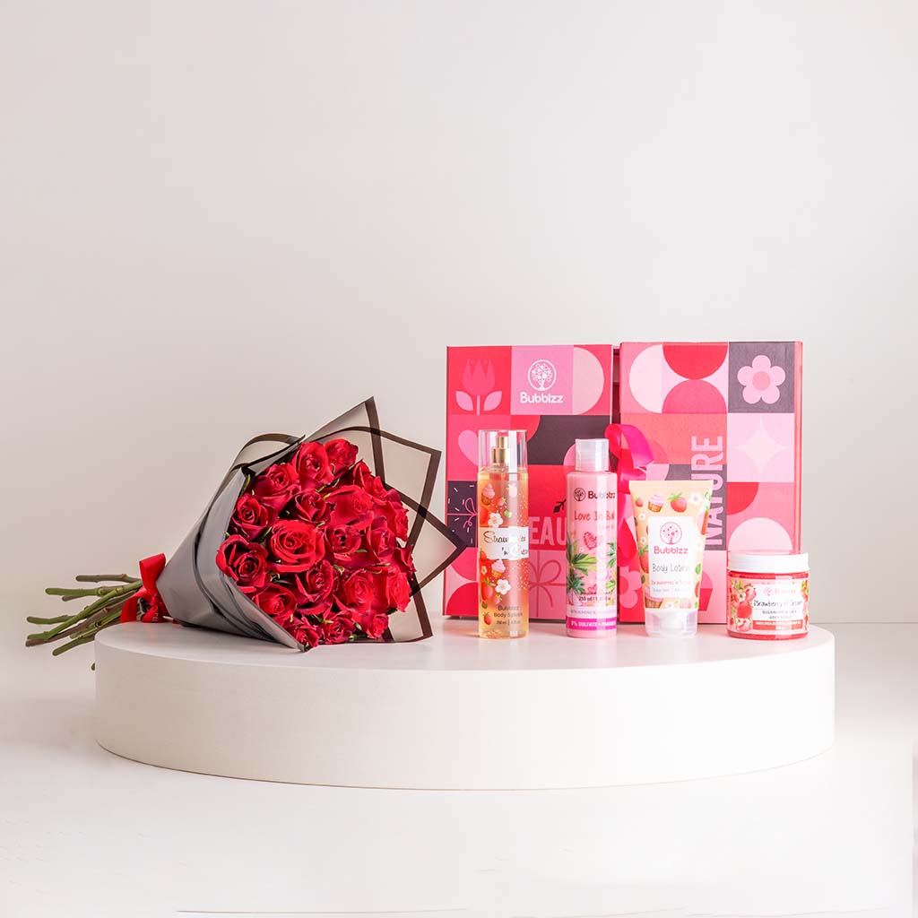 product-image-Bubblzz Strawberry Body Care Collection & 20 Red Roses Bouquet