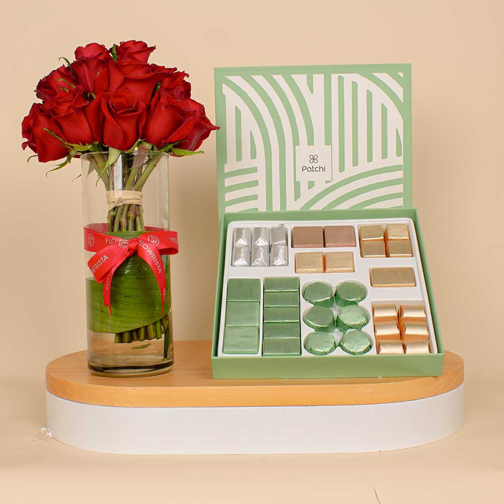 Flowrista Online Flowers Shop Patchi box containing 43 pieces, Le Création| 15 Red Rose Vase 