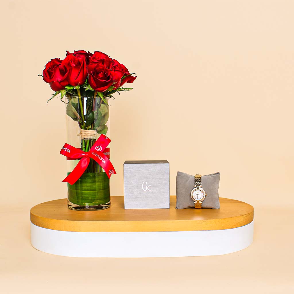 Flowrista Online Flowers Shop Guess Analog Watch for Women And Red Roses Hand Bouquet