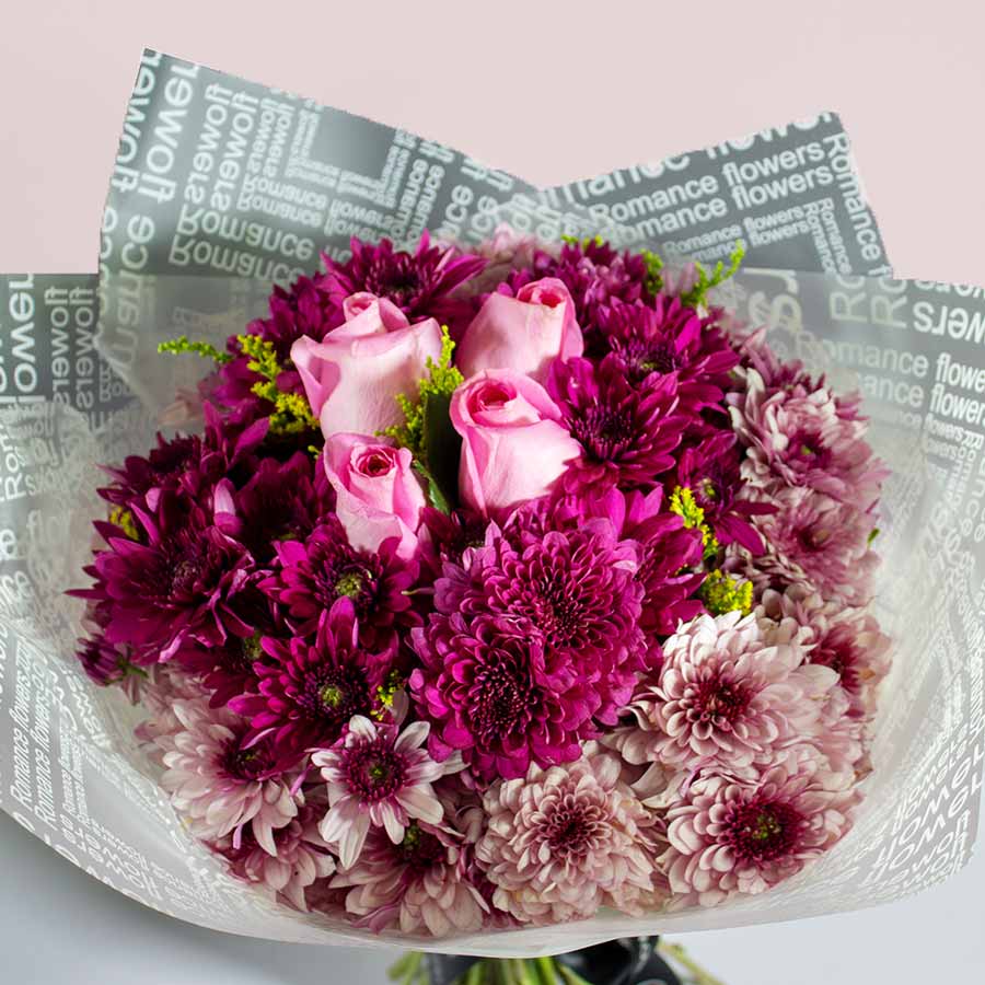 product-image-Hand Bouquet with Purple Chrysanthemums & Pink Roses