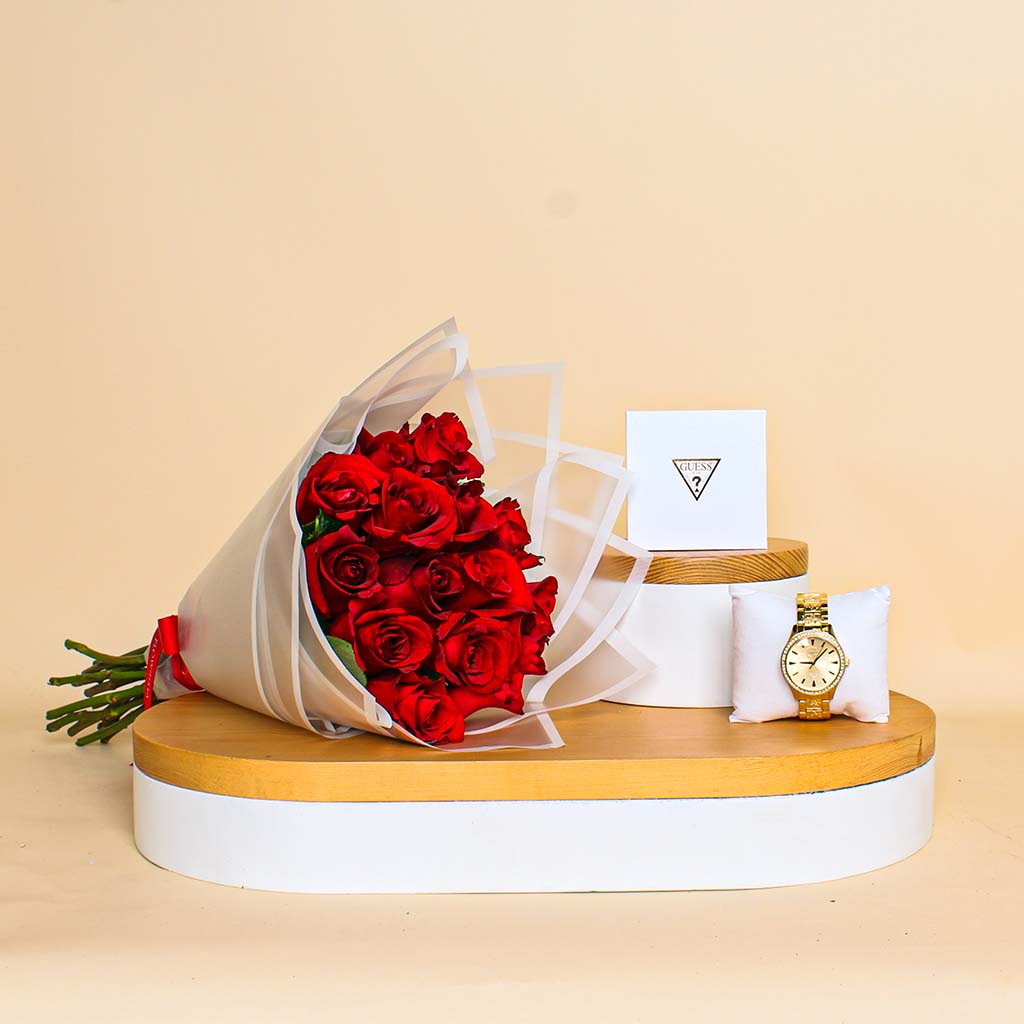 product-image-Guess Gold Watch & 15 Red Roses - Valentine's Day Gift Set