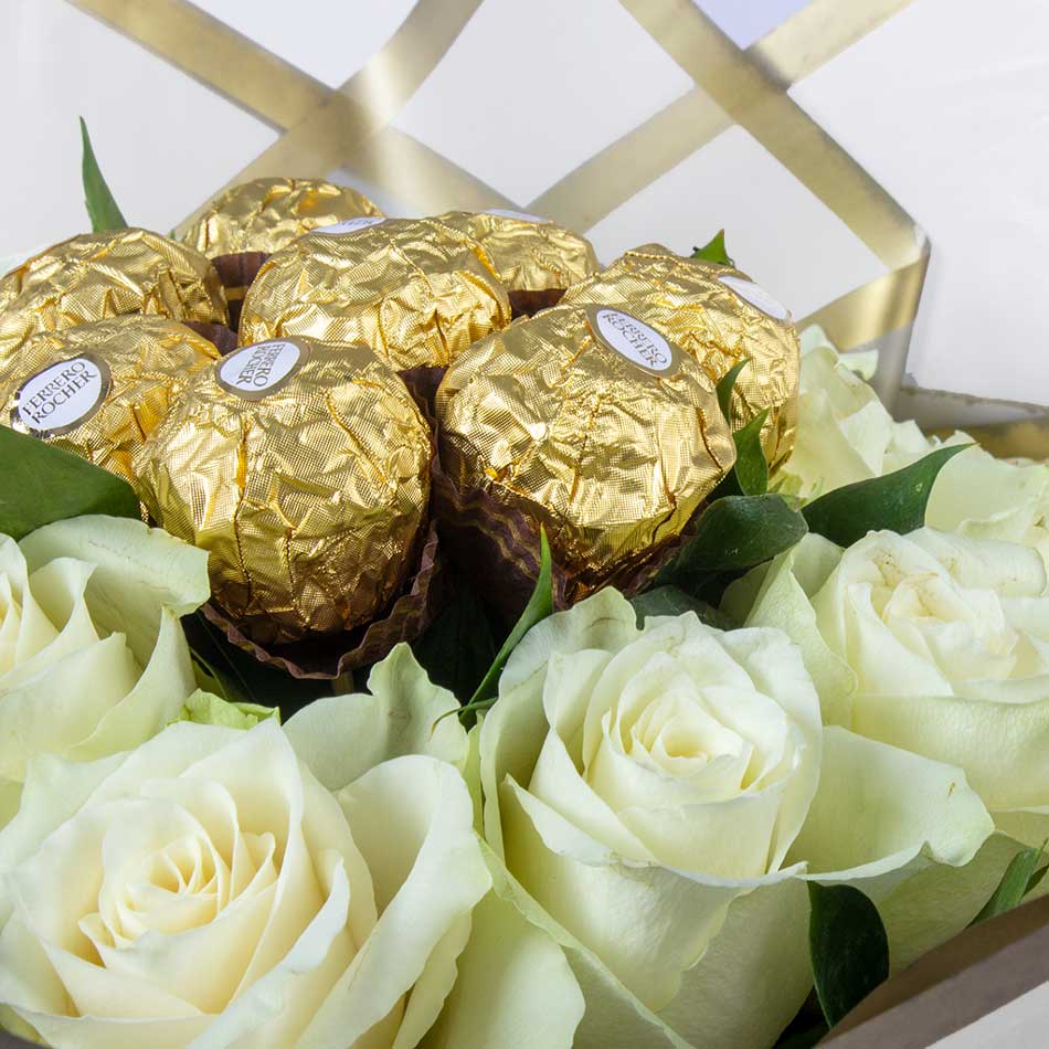 product-image-Bouquet of White Roses & Ferrero Rocher Chocolates