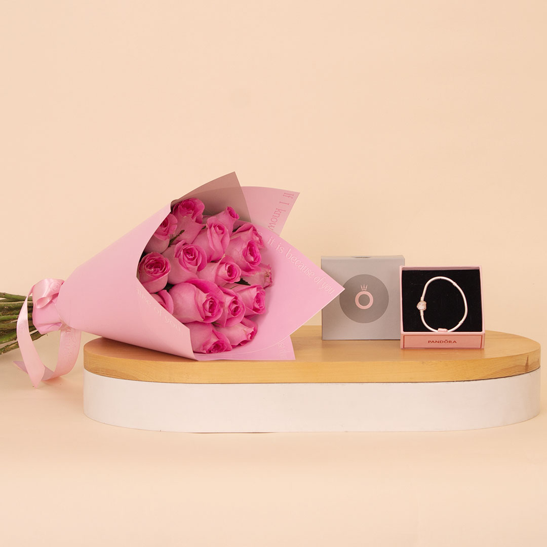product-image-سوار باندورا مومنتس بسلسلة ثعبان مع قلب مرصع + ١٥ وردة بينك