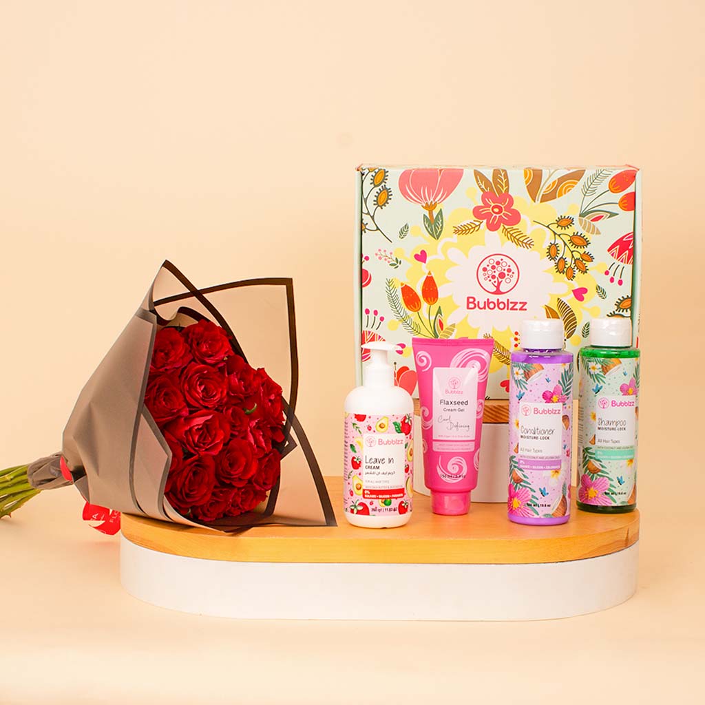 Flowrista Online Flowers Shop مجموعة هدايا باقة زهور بابلز للعناية بالشعر وباقة ورود حمراء