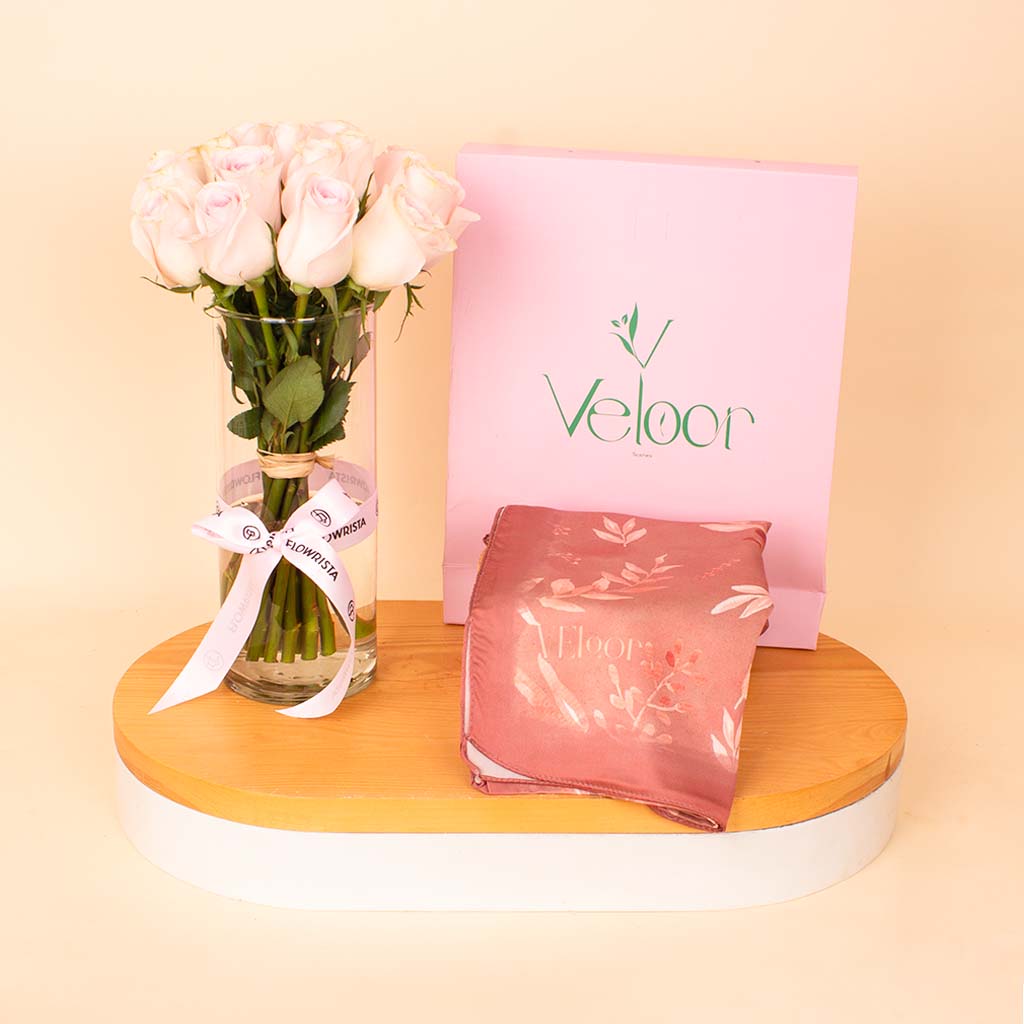 product-image-Veloor Rafef Scarf & Pink Roses Vase