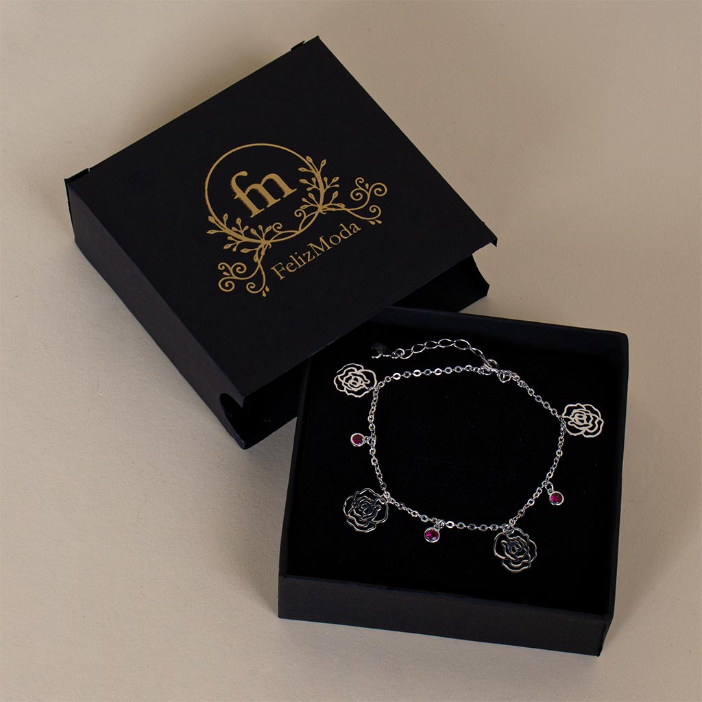 product-image-Luxury Gift Set – Silver Bracelet with Pink Stones & Colorful Roses