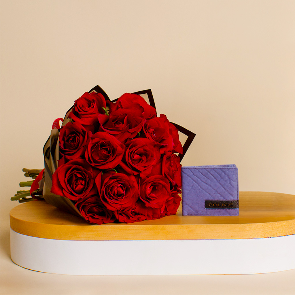 product-image-Police Blue Wallet & 15 Red Roses Bouquet - A Heartfelt Gift
