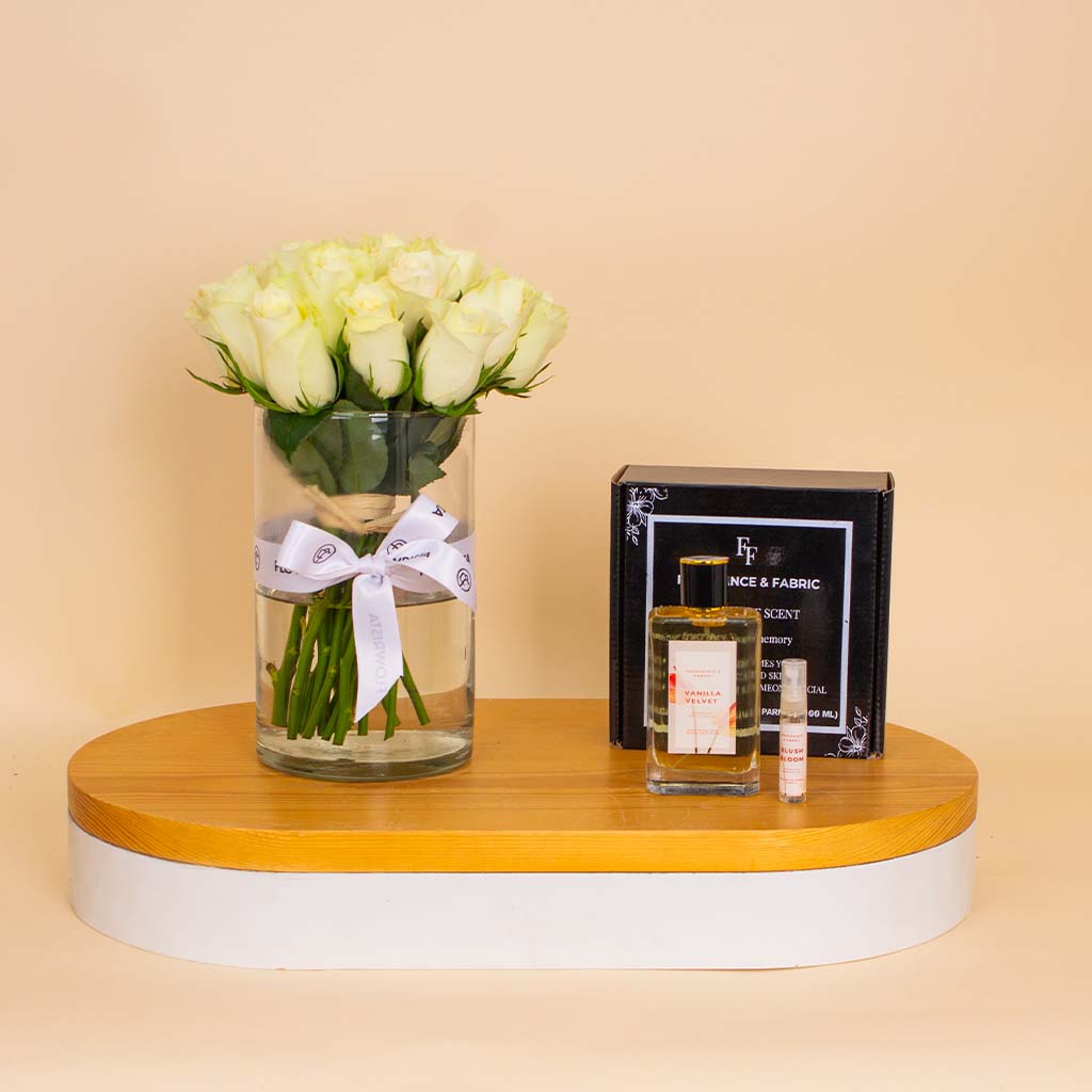 product-image-Fragrance & Fabric Vanilla Velvet – For Women & White Roses Vase