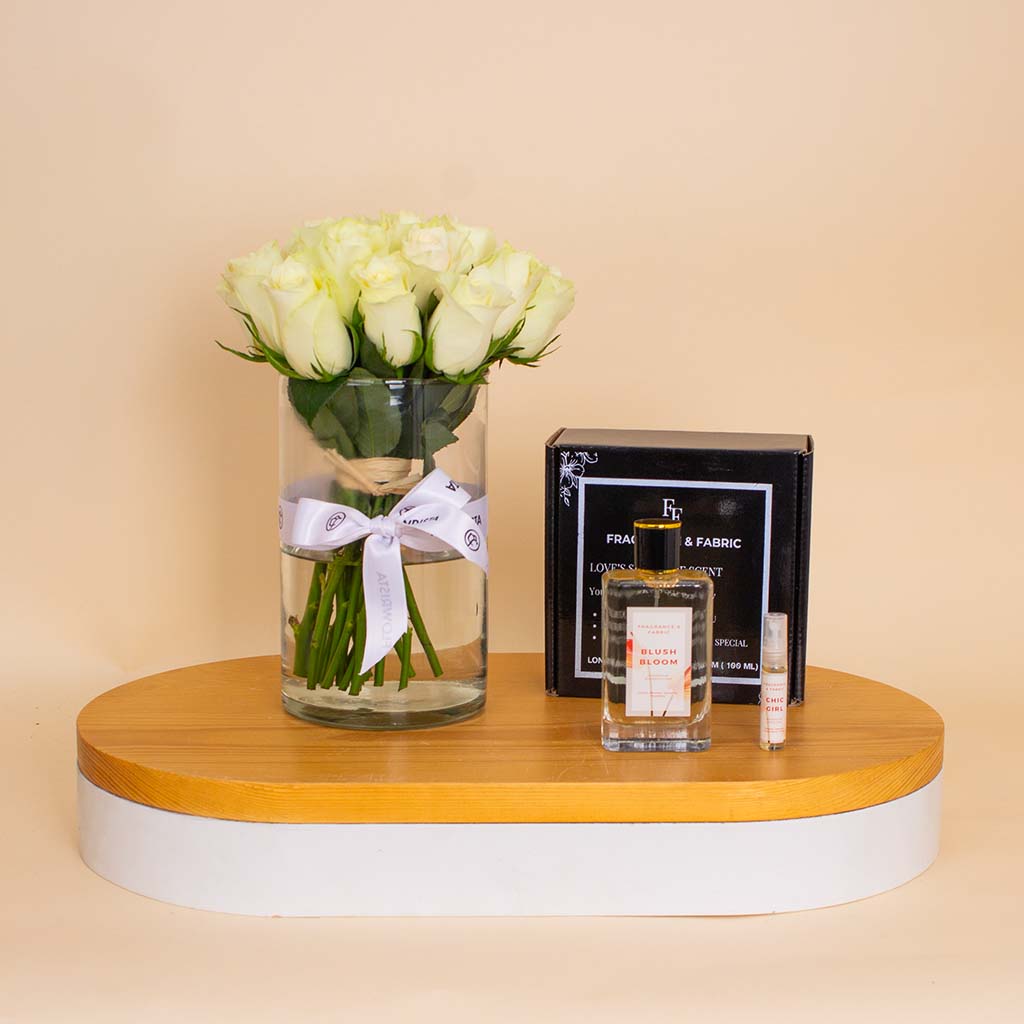 Flowrista Online Flowers Shop Fragrance & Fabric Blush Bloom for Woman & White Roses Vase