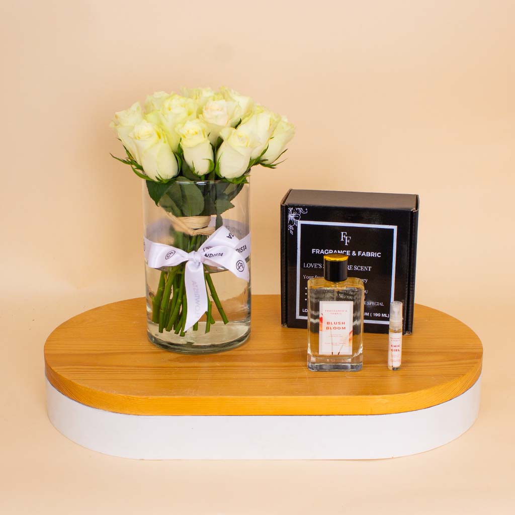 product-image-Fragrance & Fabric Blush Bloom for Woman & White Roses Vase