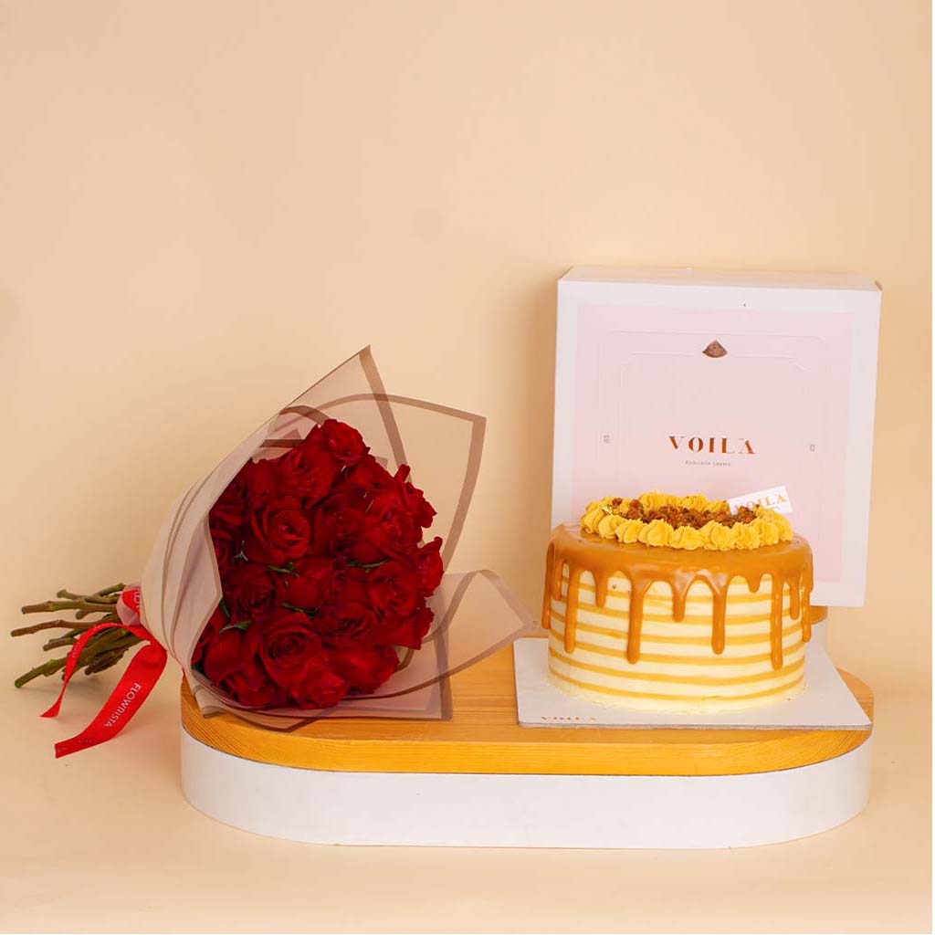 product-image-كيكة فوالا بالكراميل وباقة ورود