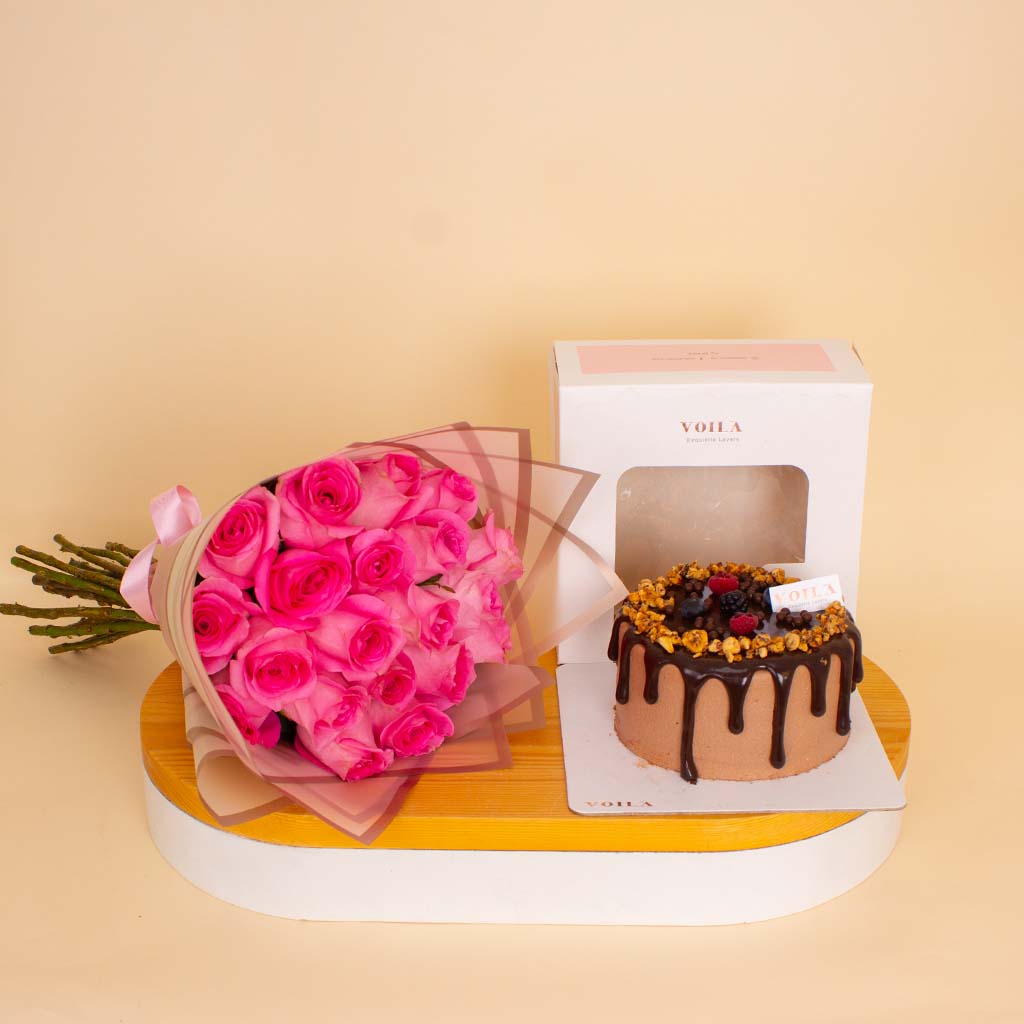 product-image-Voila Chocolate Cake & Pink Roses Bouquet