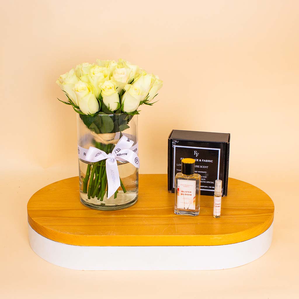 product-image-Fragrance & Fabric Blush Bloom for Woman & White Roses Vase