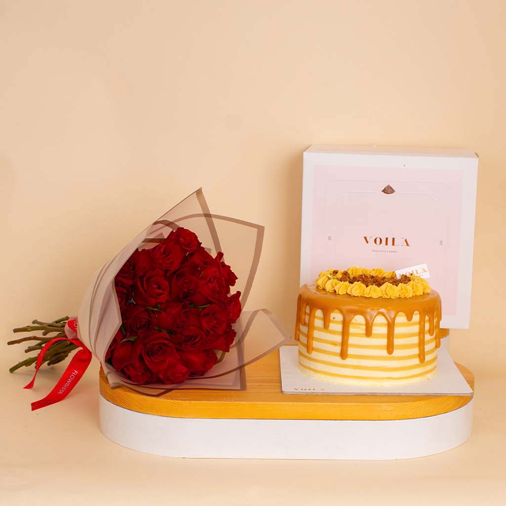 product-image-كيكة فوالا بالكراميل وباقة ورود