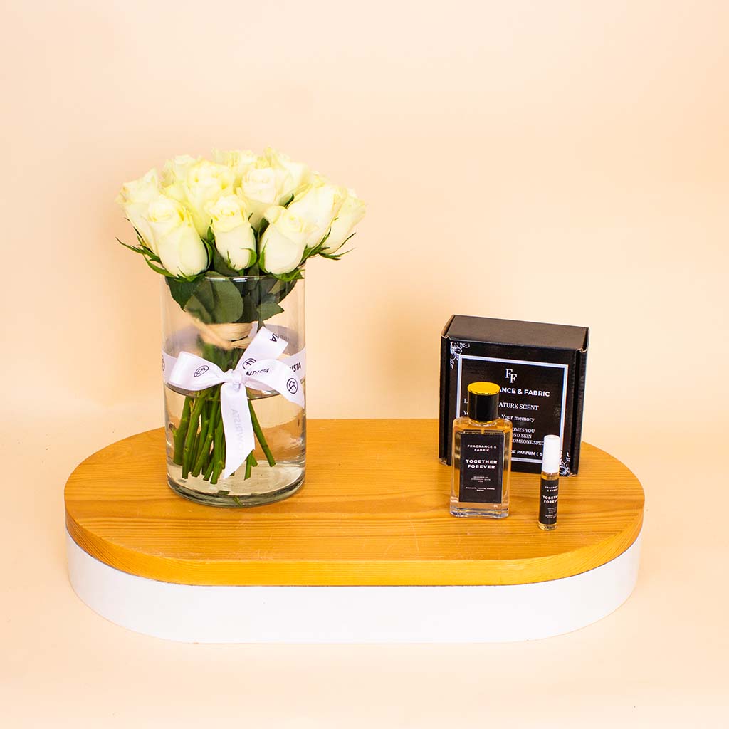 product-image-Fragrance & Fabric Stronger With You – For Men & White Roses Vase